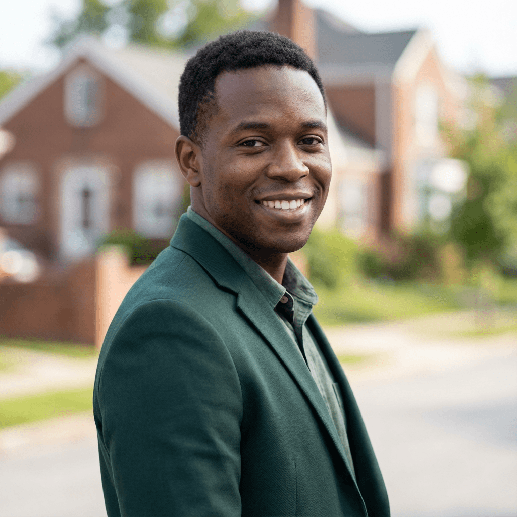 Ayodeji Ibitoye standing confidently in a bright modern home