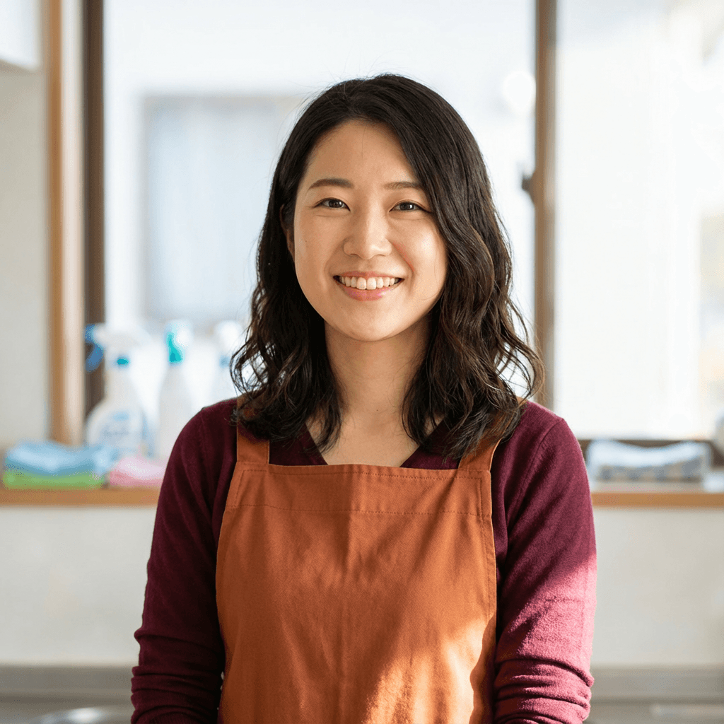 Amara Okafor smiling warmly while holding cleaning supplies in a bright modern apartment