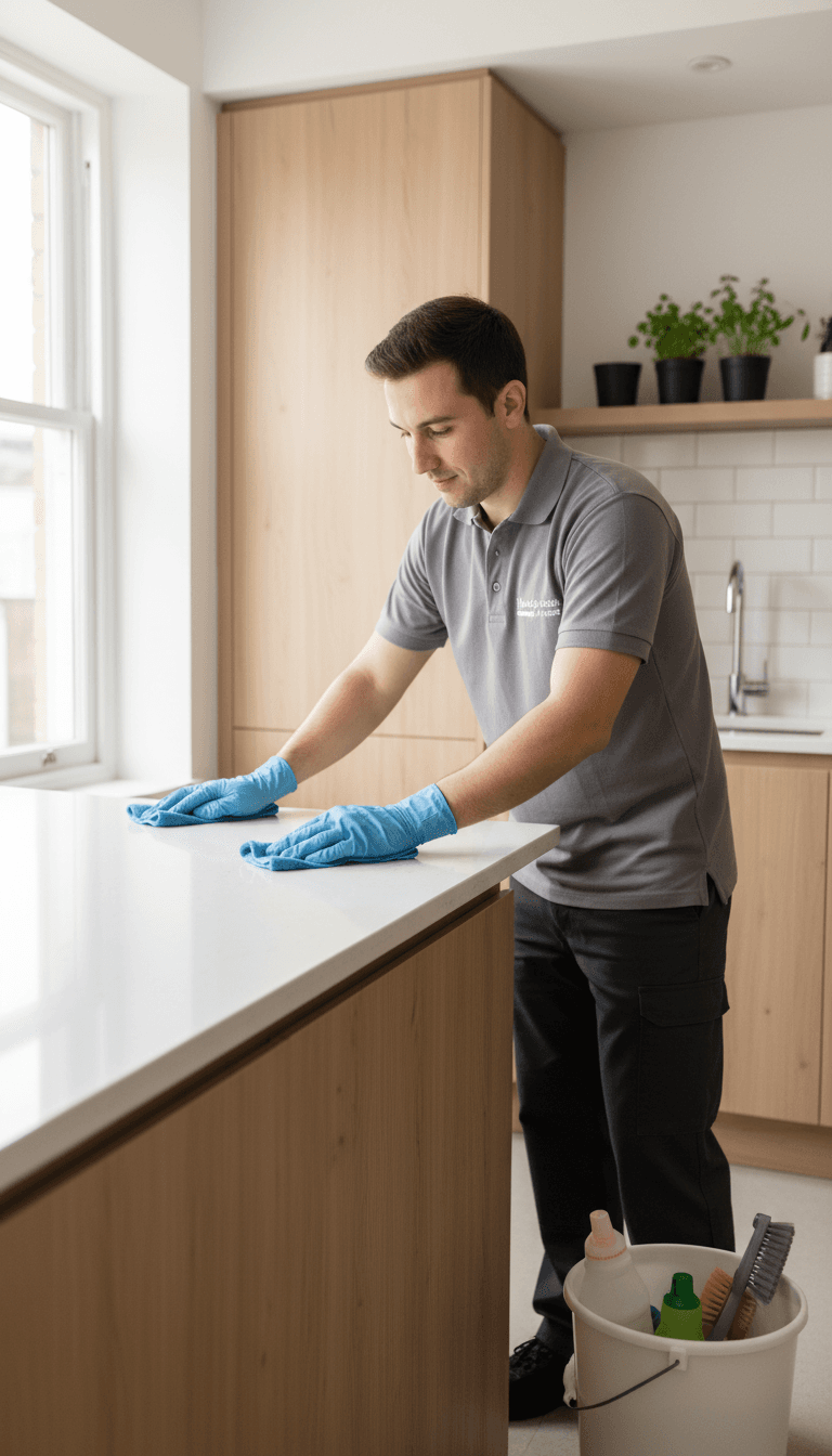 Professional cleaner wiping a kitchen counter during an end of tenancy clean in a bright London flat