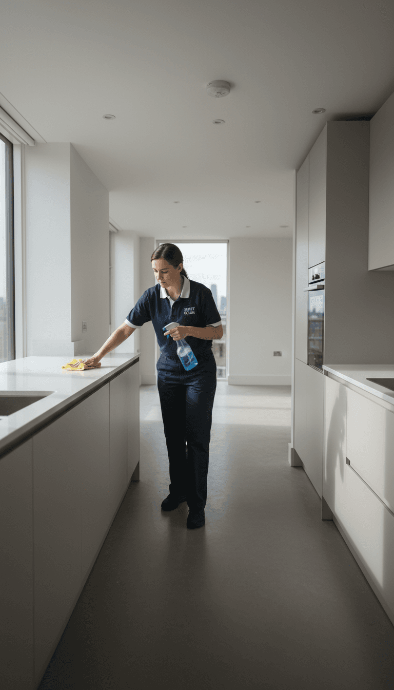 Professional cleaner wiping down a kitchen counter during an end of tenancy clean in London