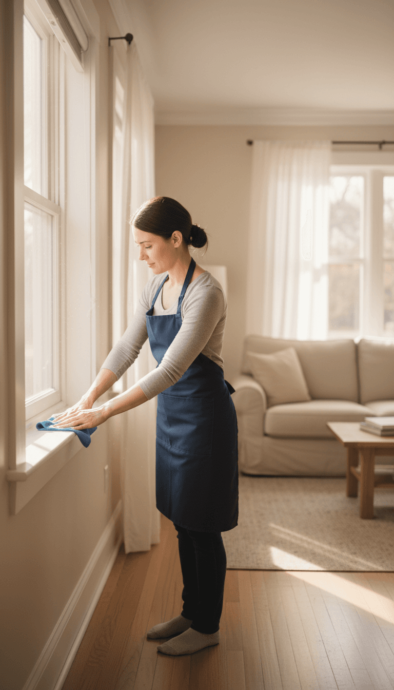 Professional cleaner wiping a windowsill during an end of tenancy clean