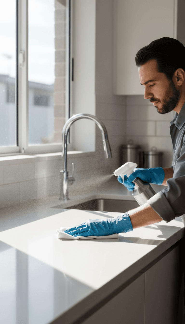 Janora cleaner wiping down a kitchen counter in full detail