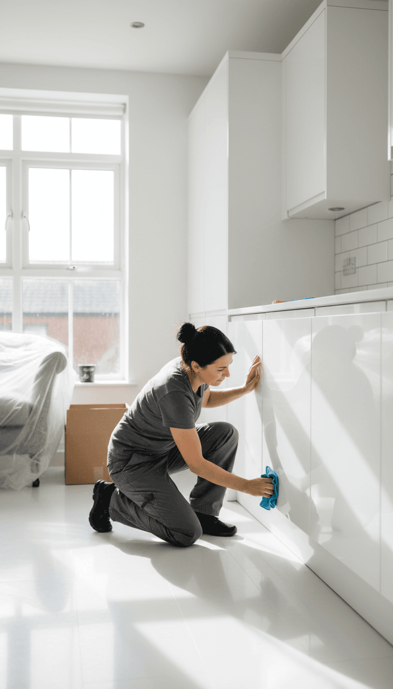 Janora cleaner wiping down a cabinet during an end of tenancy clean in Harpenden