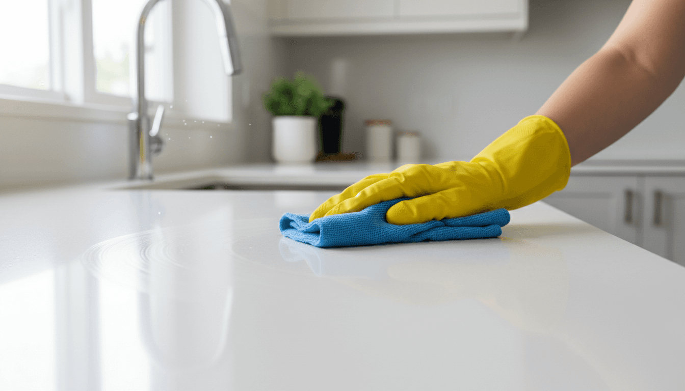 Professional cleaner wiping a kitchen countertop during an end of tenancy clean