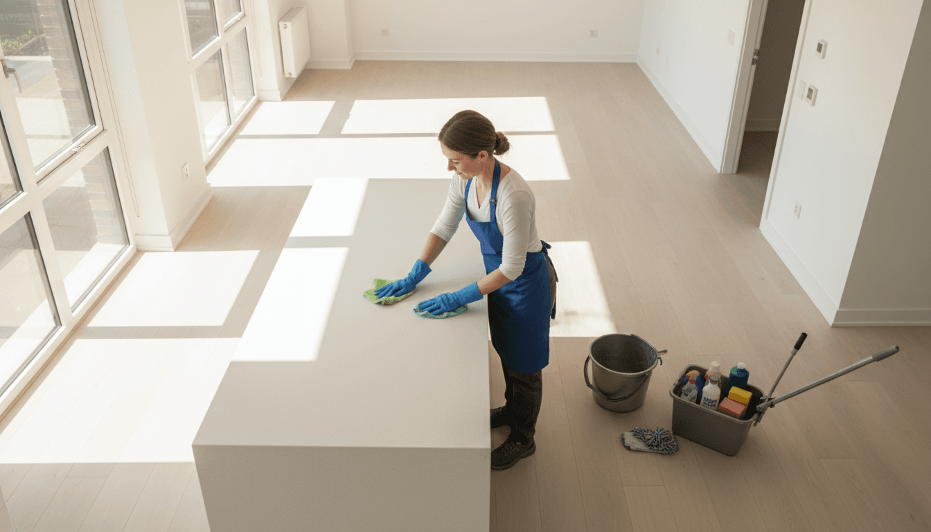 Professional cleaner wiping a kitchen counter in a bright empty apartment