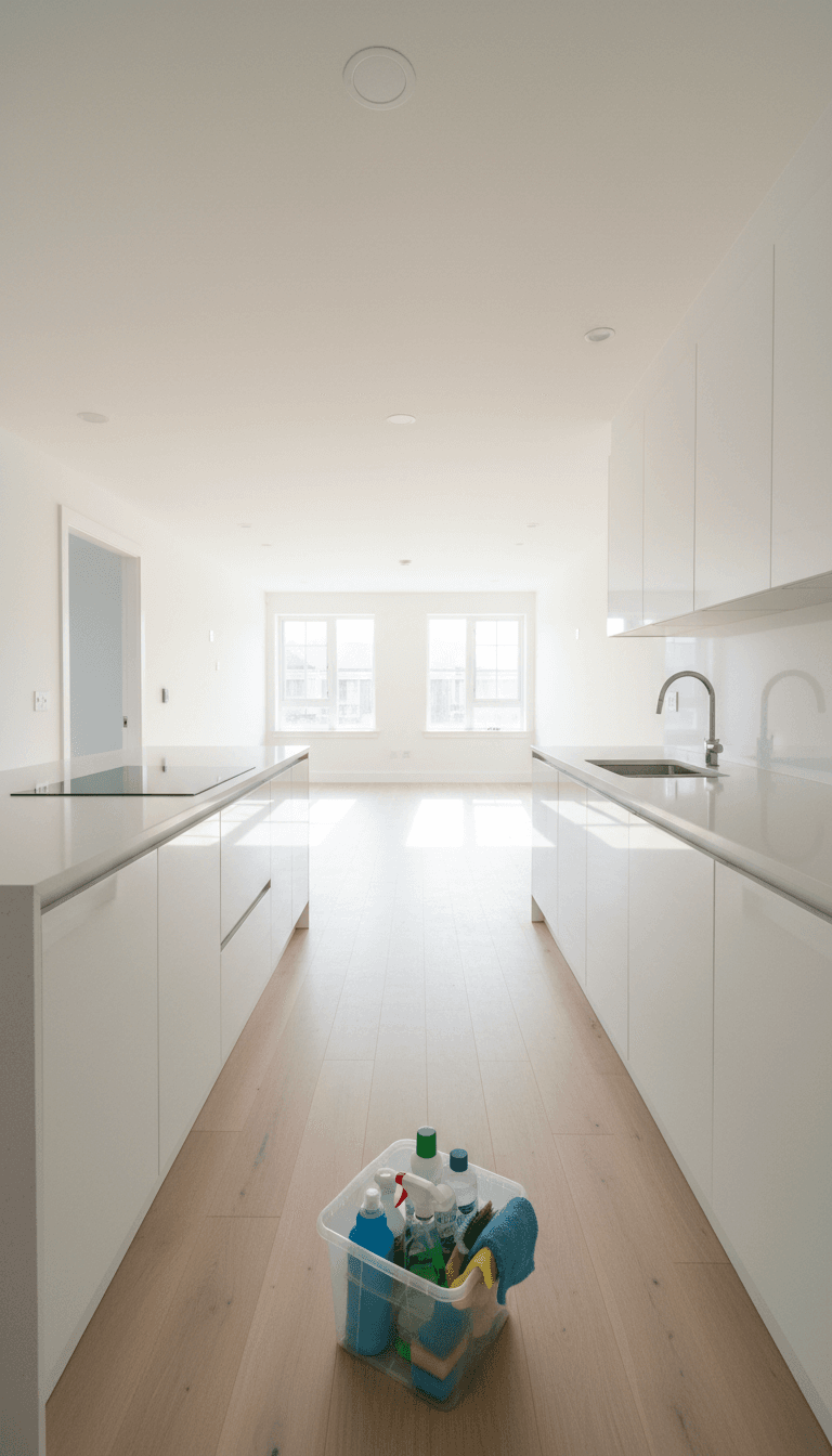 Clean, empty rental kitchen ready for a landlord inspection