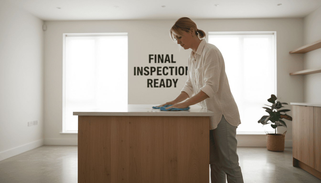 Professional cleaner wiping a kitchen counter in a bright, empty rental flat before a final inspection