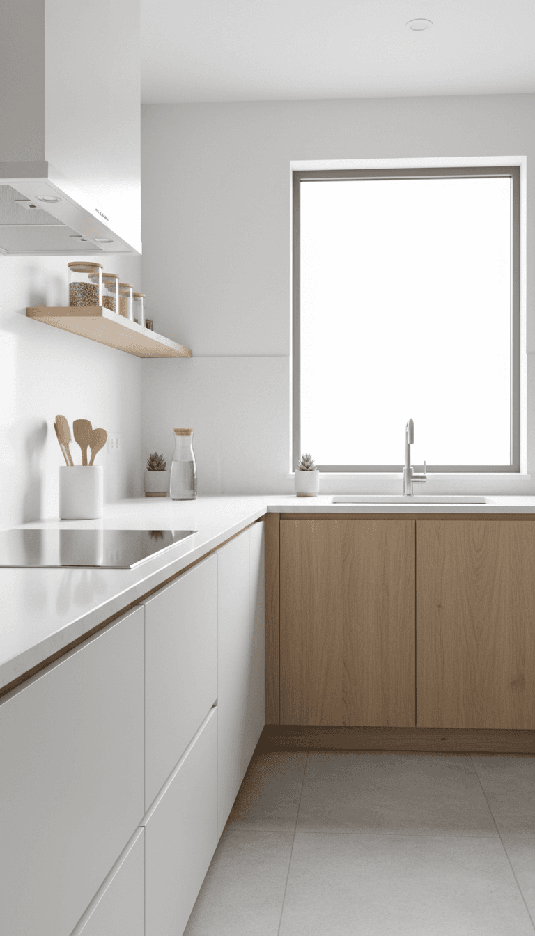 Clean bright modern kitchen with freshly wiped surfaces and organized counters