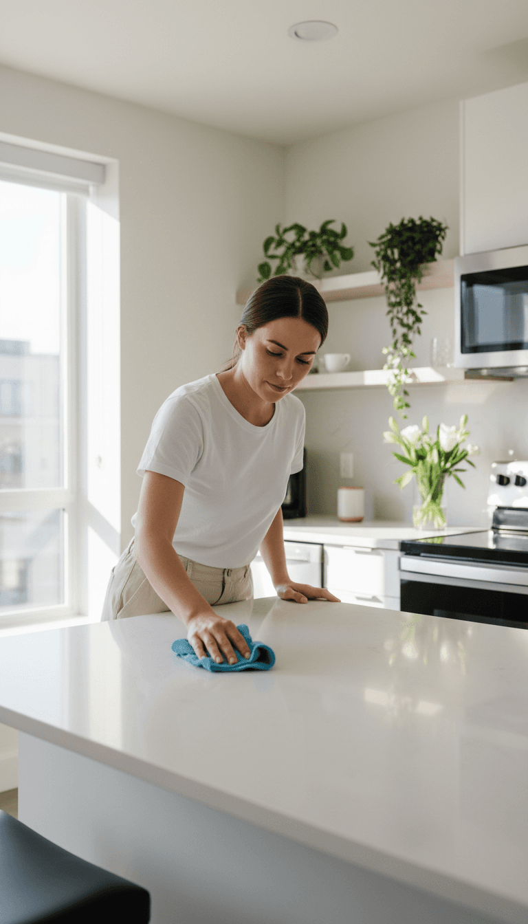 Professional cleaner wiping down a kitchen counter in Hemel Hempstead