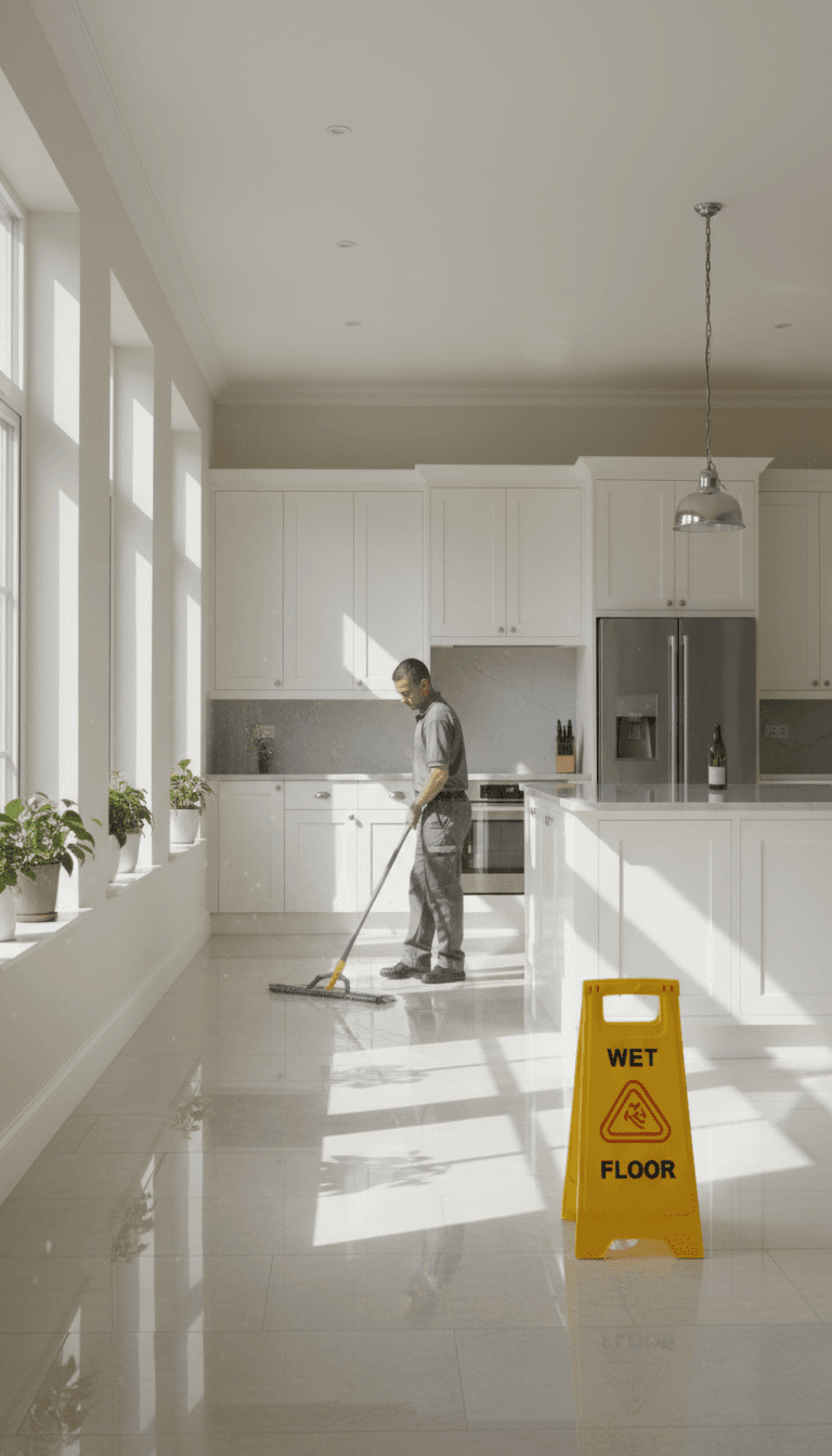 Cleaner mopping a kitchen floor with natural light