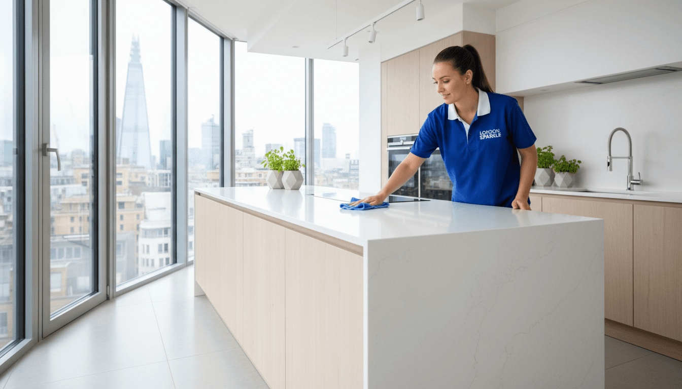 Professional cleaner wiping a kitchen counter in a bright modern home