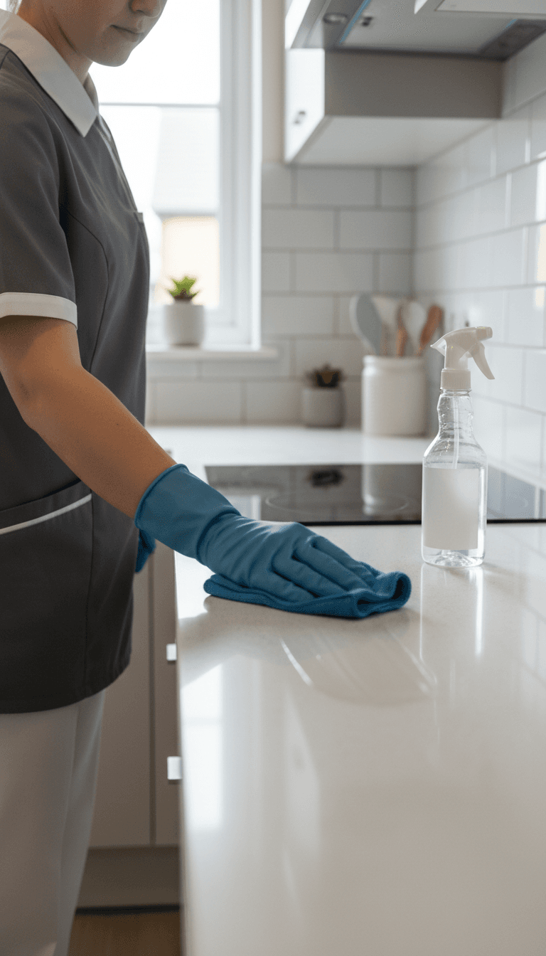 Professional cleaner wiping a kitchen counter in a bright Toddington rental flat