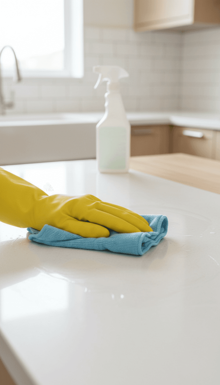 Gloved hand wiping a clean white kitchen counter with a microfiber cloth