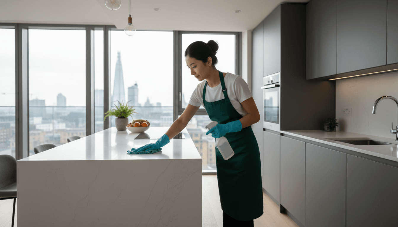 Professional cleaner in green apron wiping kitchen counter in bright modern London apartment