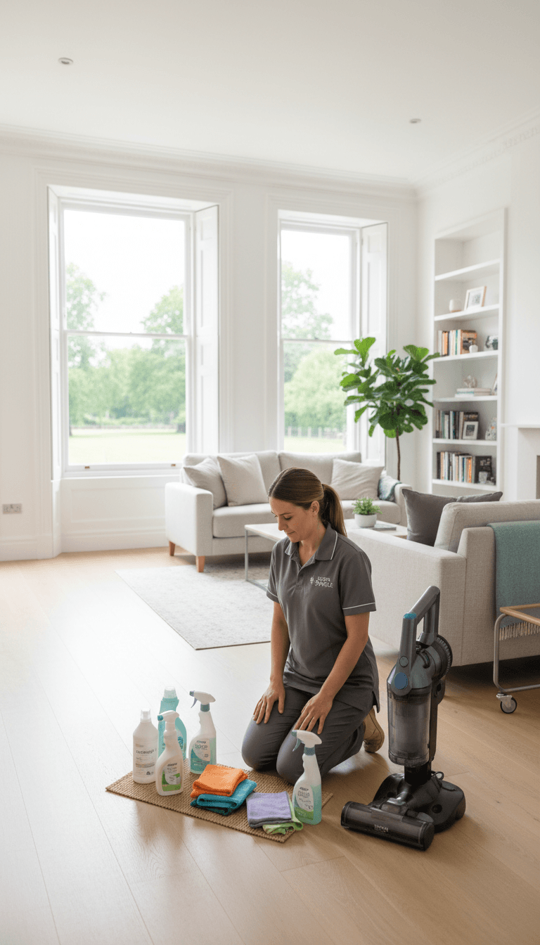 Professional cleaner arranging supplies in a bright modern home