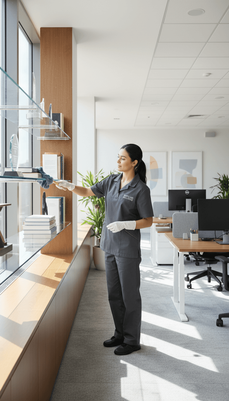 Cleaner dusting shelves in a modern office