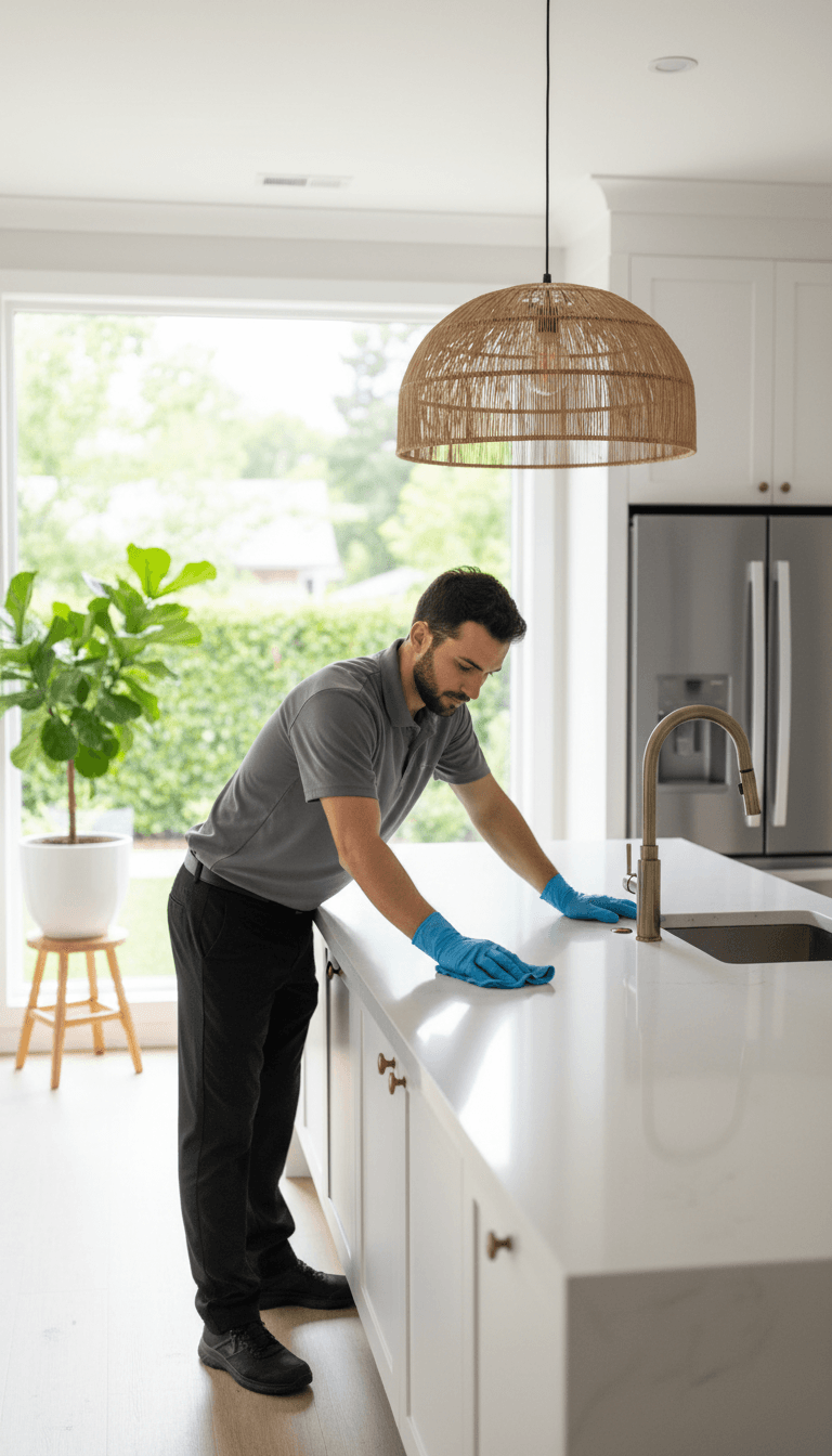 Cleaner wiping kitchen counter in a bright modern home