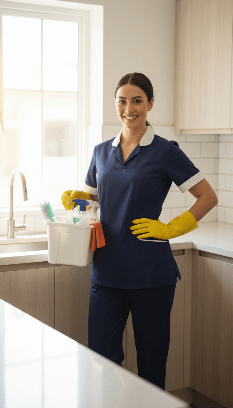 Janora cleaner with supplies beside a spotless kitchen counter in Toddington