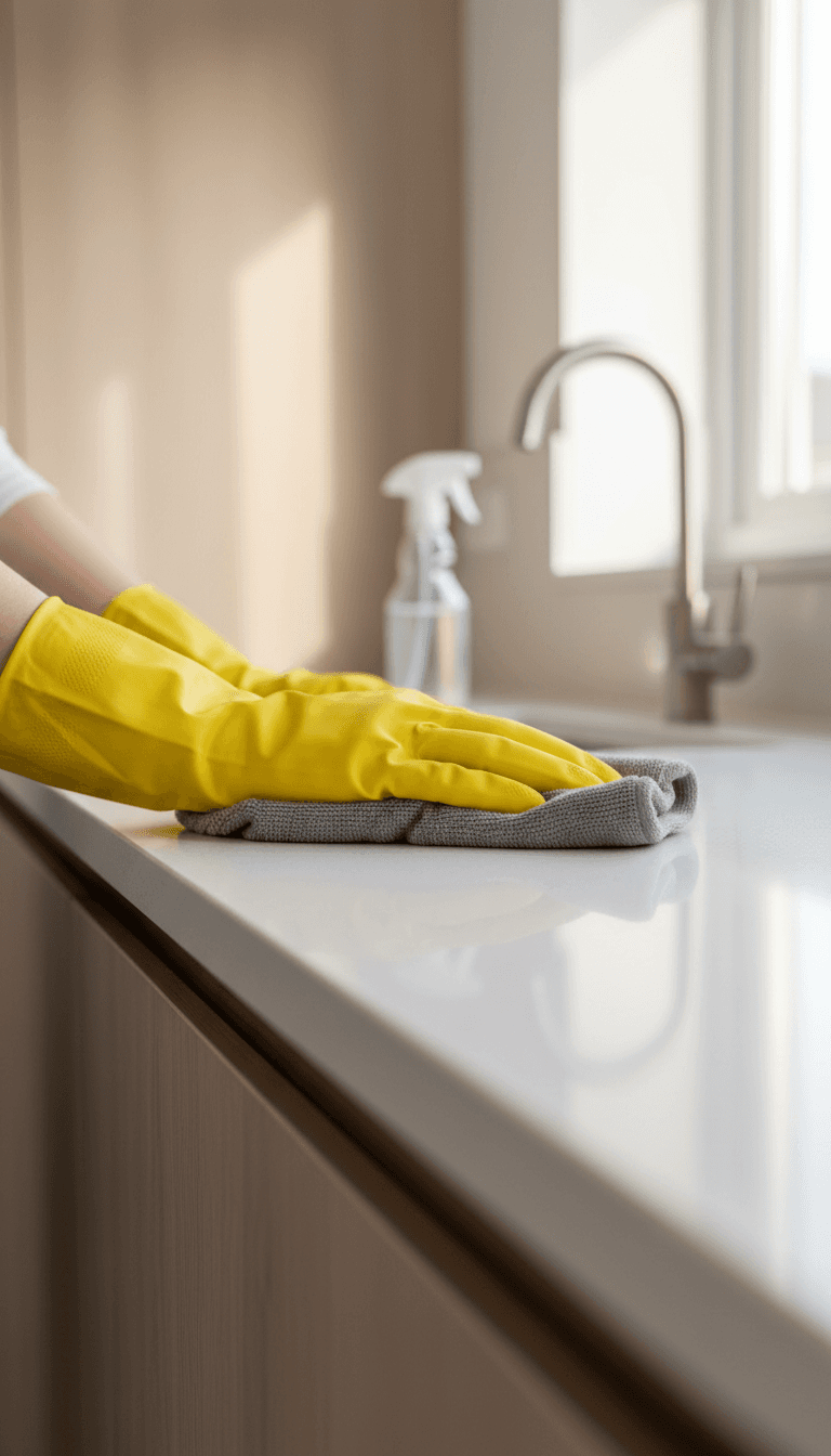 Cleaner wiping a kitchen countertop during an end of tenancy clean