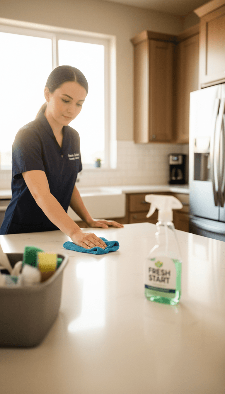 Professional cleaner wiping a spotless kitchen countertop during an end of tenancy clean in Leighton Buzzard
