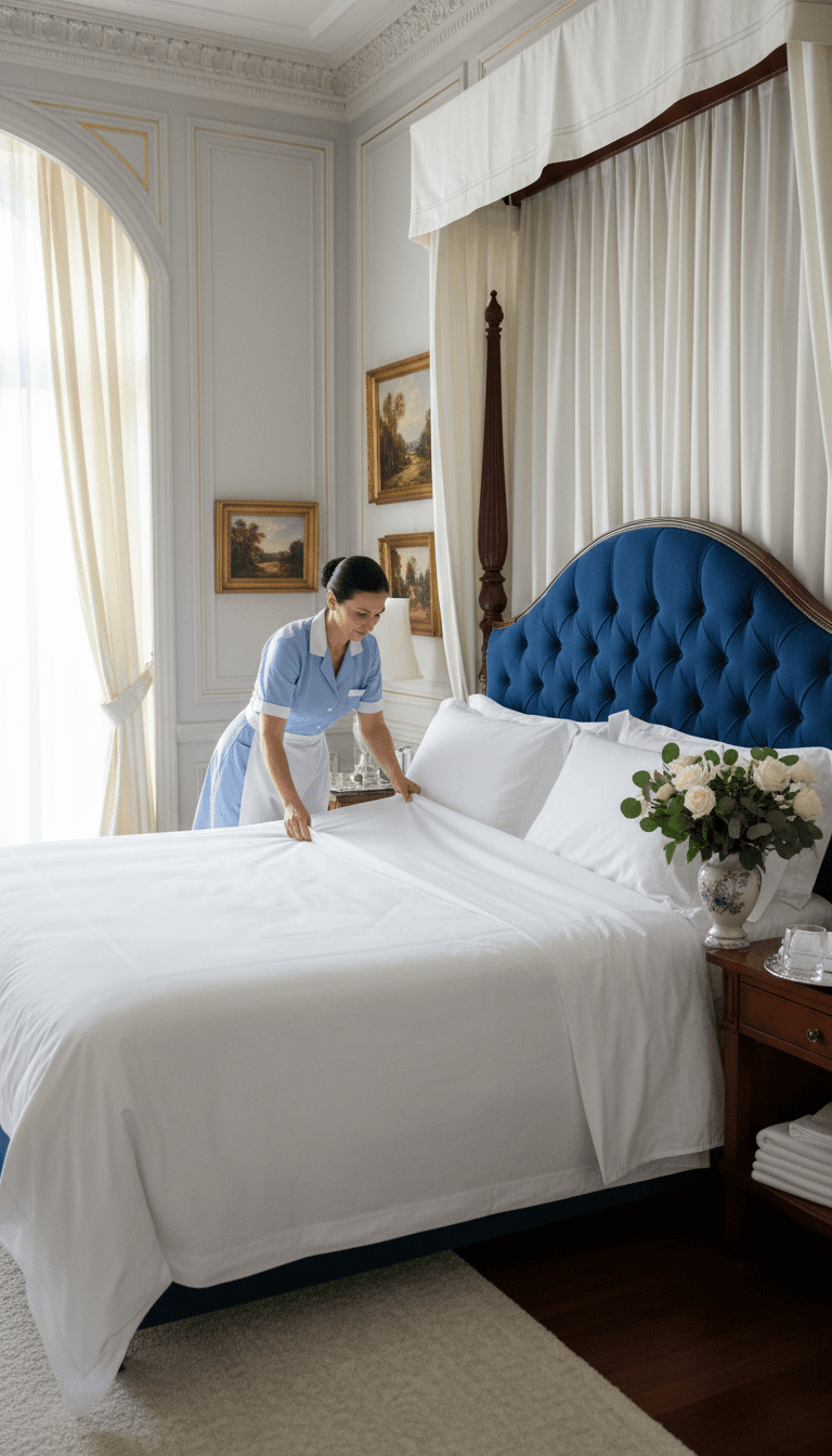 Cleaner making a bed with fresh white linens