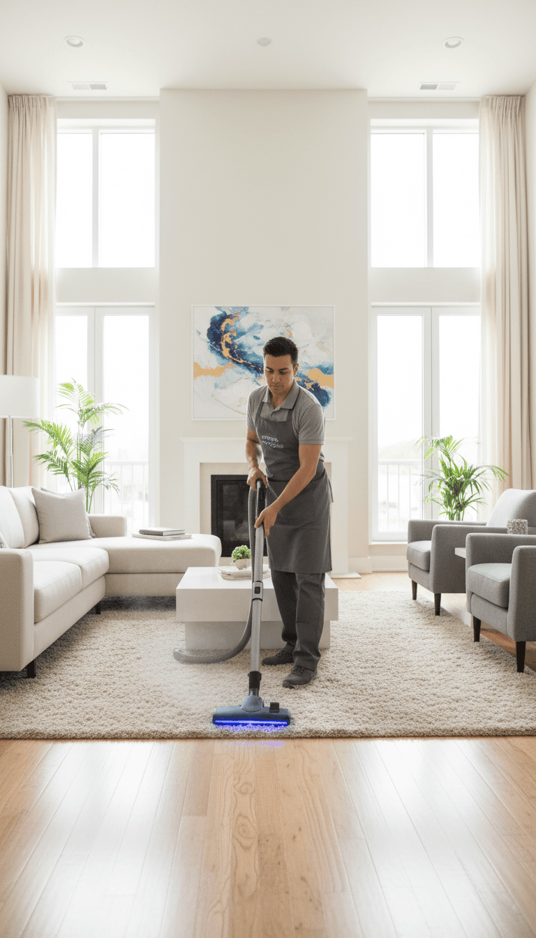 Cleaner vacuuming a living room carpet