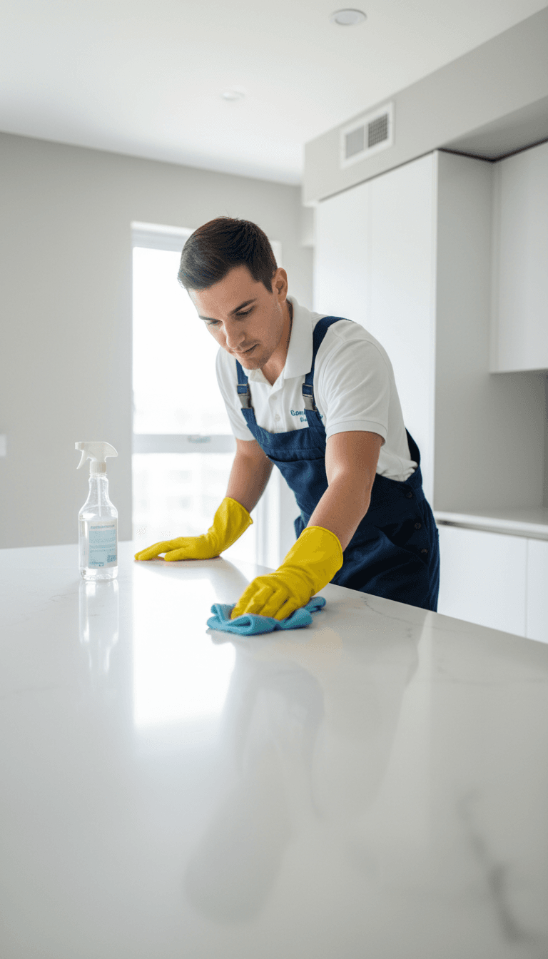 Professional cleaner wiping a kitchen counter in a Dunstable rental property