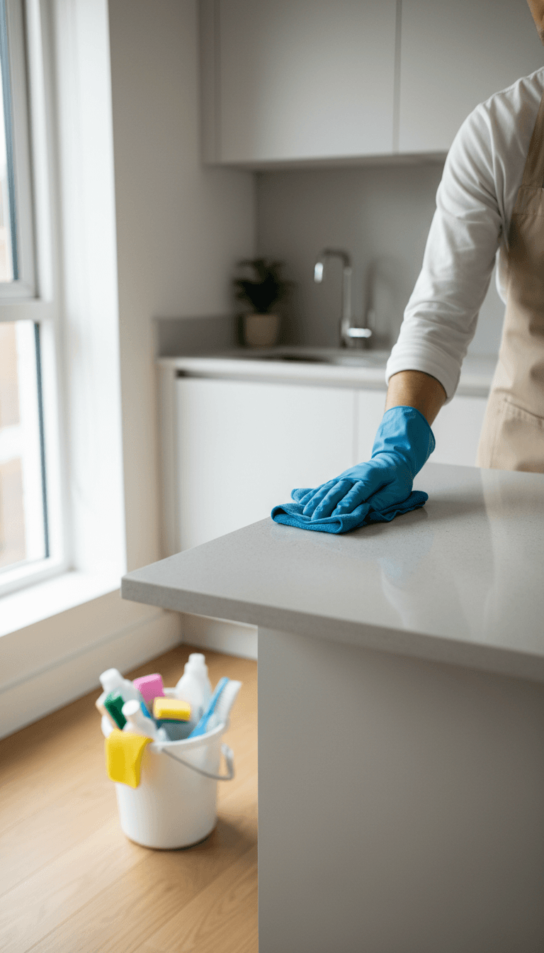 Professional cleaner wiping a kitchen counter in a bright flat
