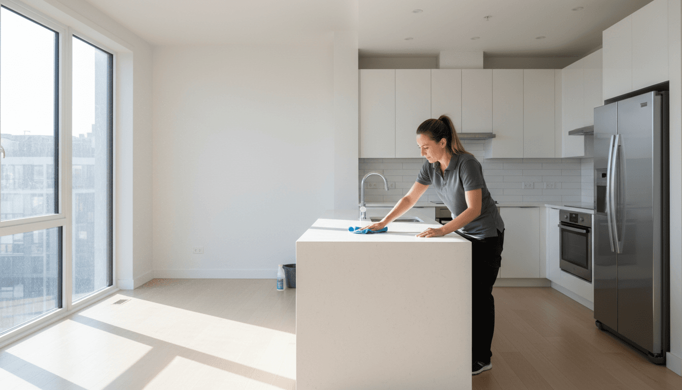 Professional cleaner wiping a kitchen counter in a bright empty apartment