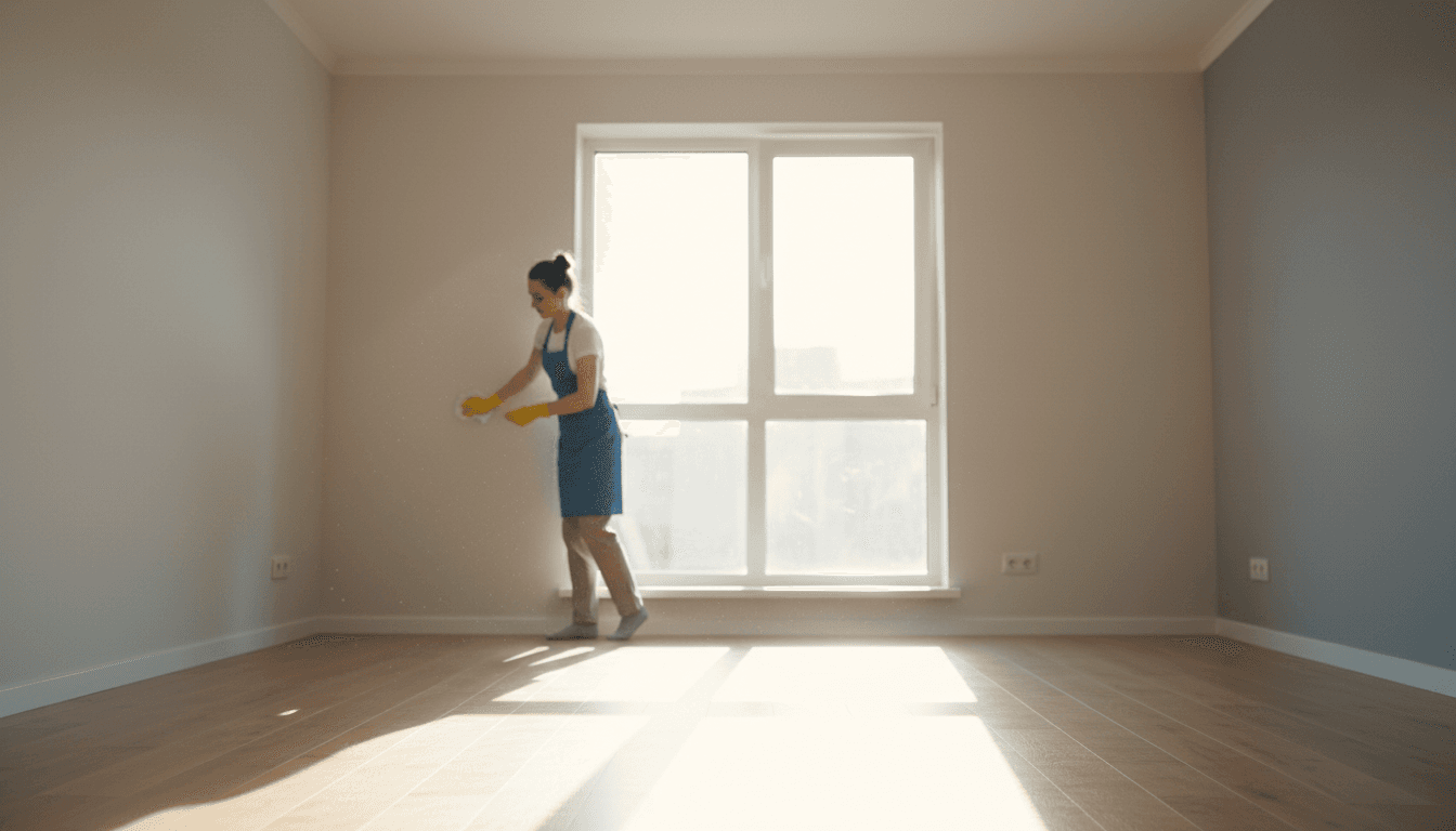 Professional cleaner wiping a windowsill in a bright, empty flat after an end of tenancy clean