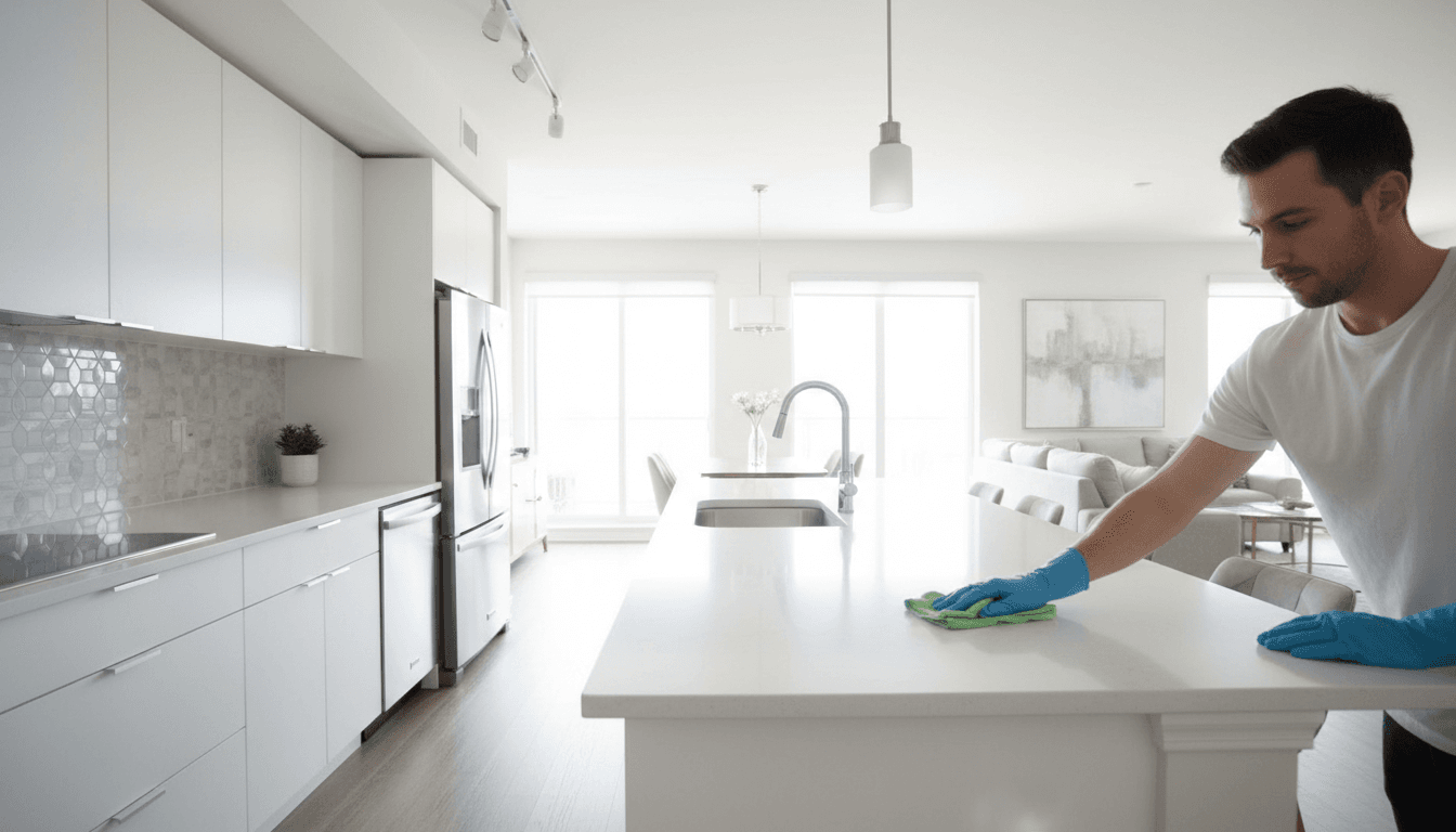 Professional cleaner wiping a kitchen counter in a bright modern apartment