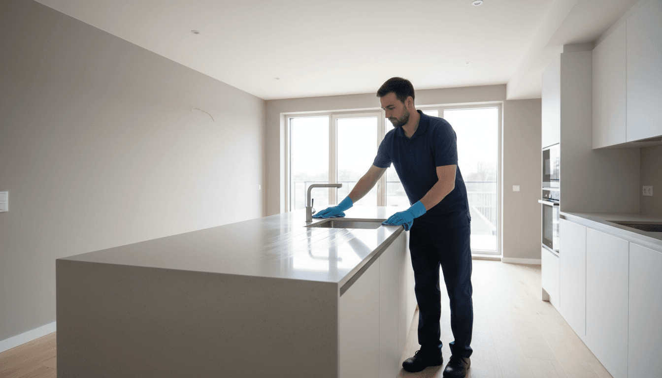 Professional cleaner wiping a kitchen counter in a bright, empty rental flat