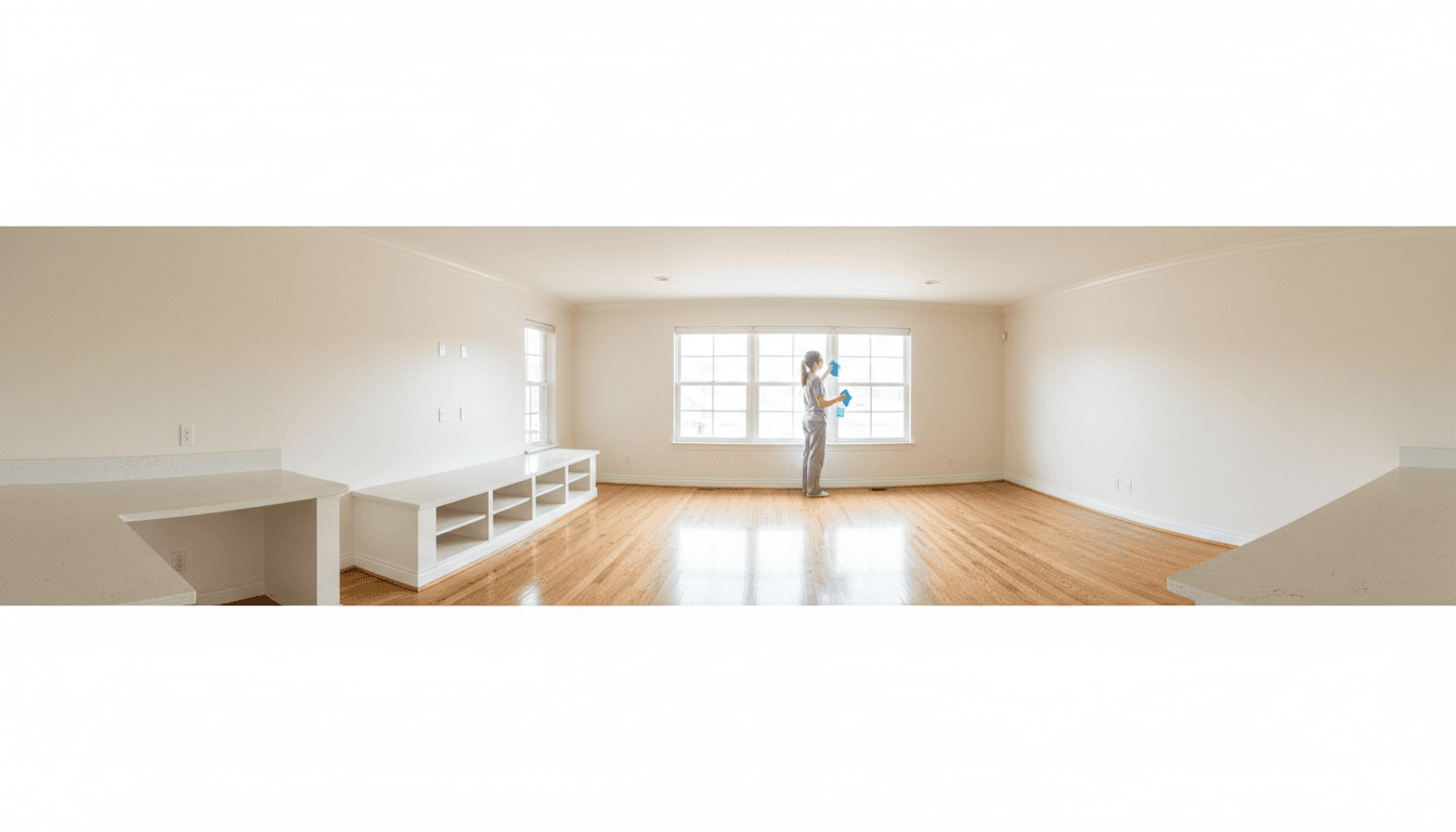 Professional cleaner in a bright empty living room after an end of tenancy clean