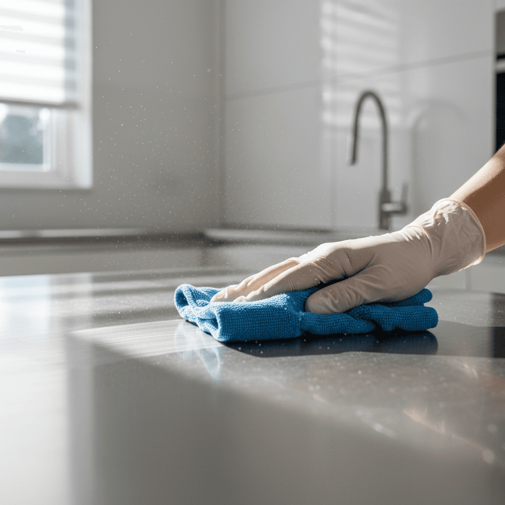 Professional cleaner wiping a kitchen counter in a bright London apartment