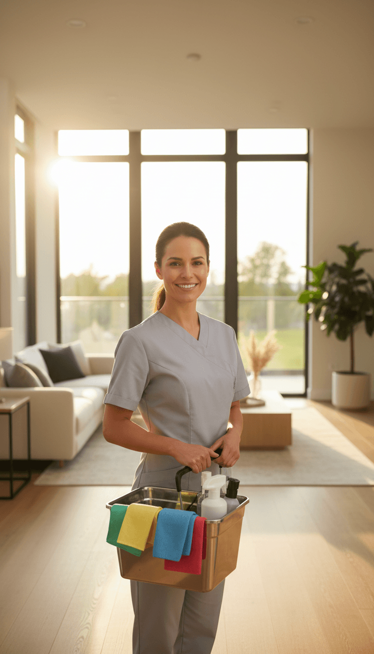 A professional cleaner with a clipboard and supplies in a bright living room