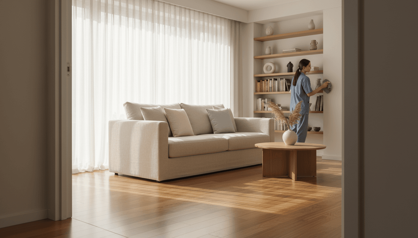 Bright clean living room with natural light and fresh linen