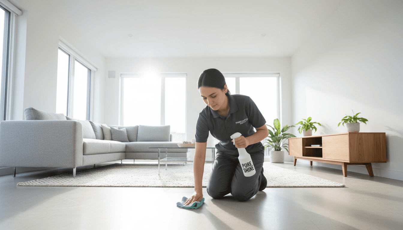 Professional cleaner in a bright, modern living room with natural light