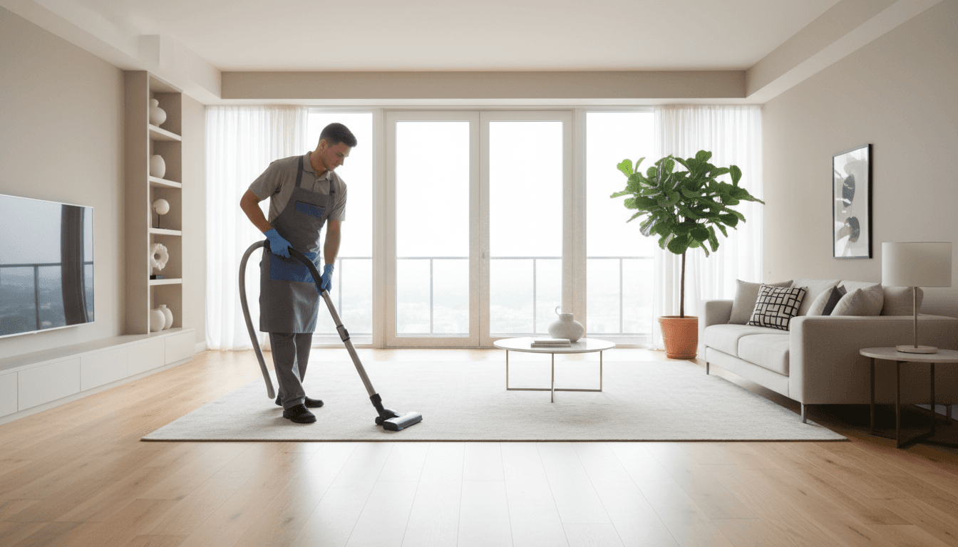 Professional cleaner wiping surface in bright modern home