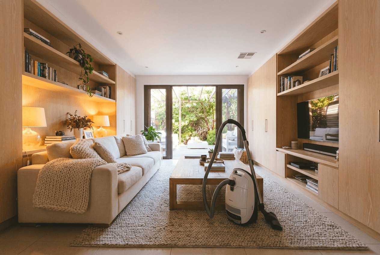 Professional cleaner dusting shelves in a bright modern living room