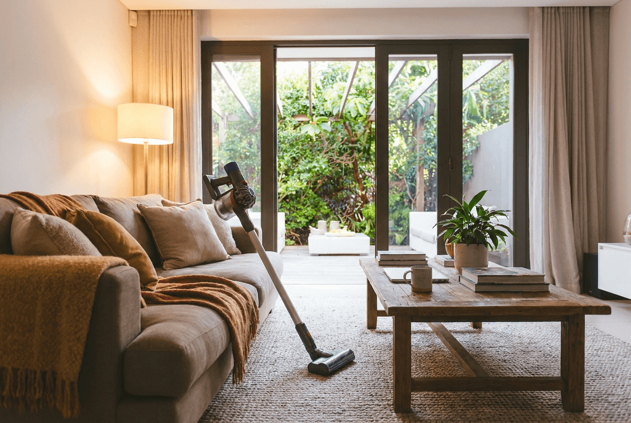 Professional cleaner tidying a bright modern living room in a London home